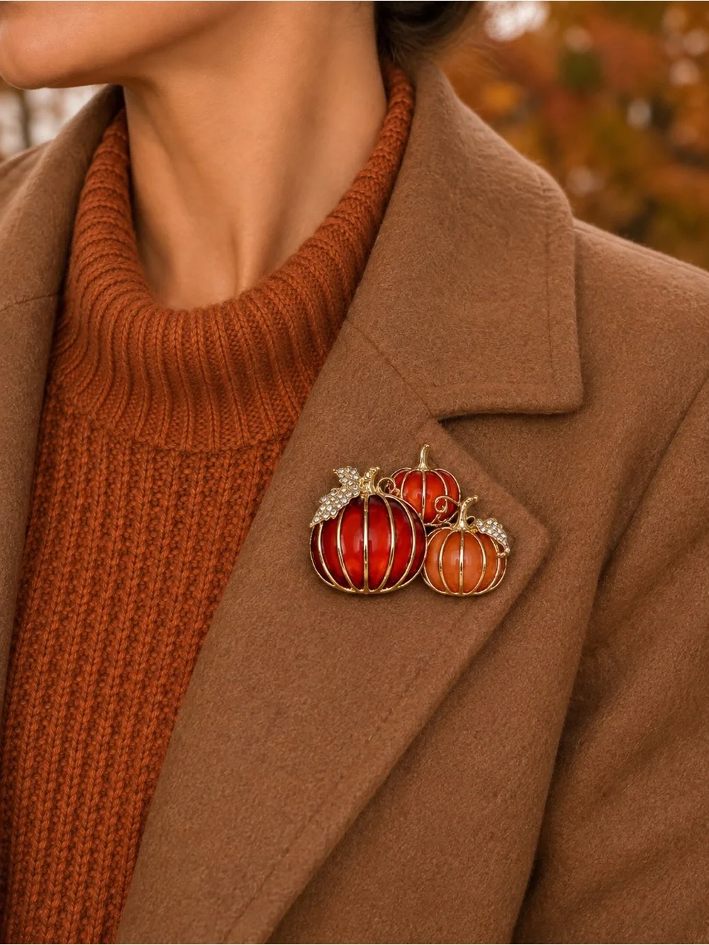 Orange Pumpkin Brooch Gold Tone Rhinestone Fall Autumn Thanksgiving New
